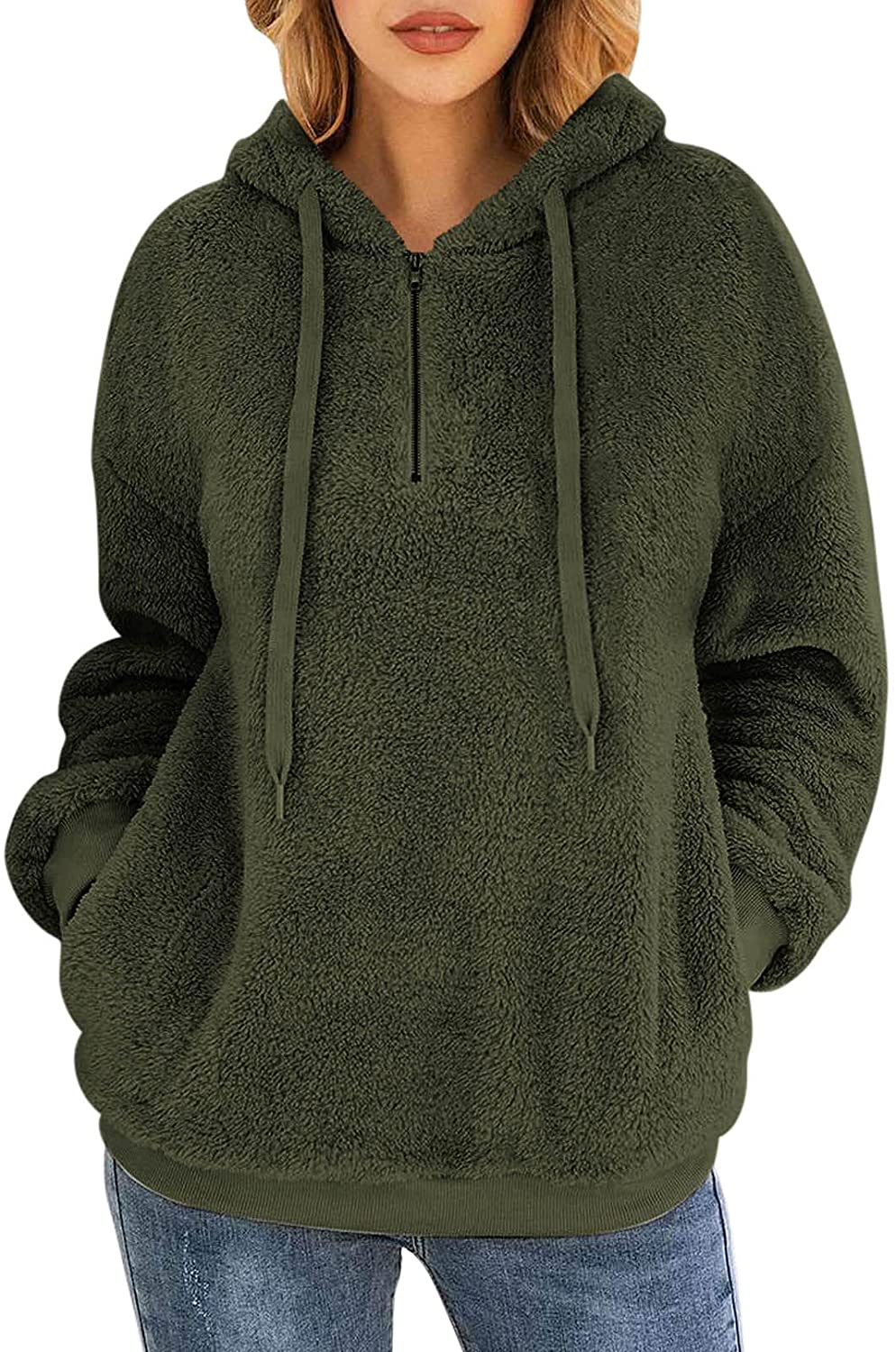 Lazzboy Women Jumpers Sweatshirt Hoodie Long Sleeve Zipper Pocket Fleece Hooded Loose Plus Size