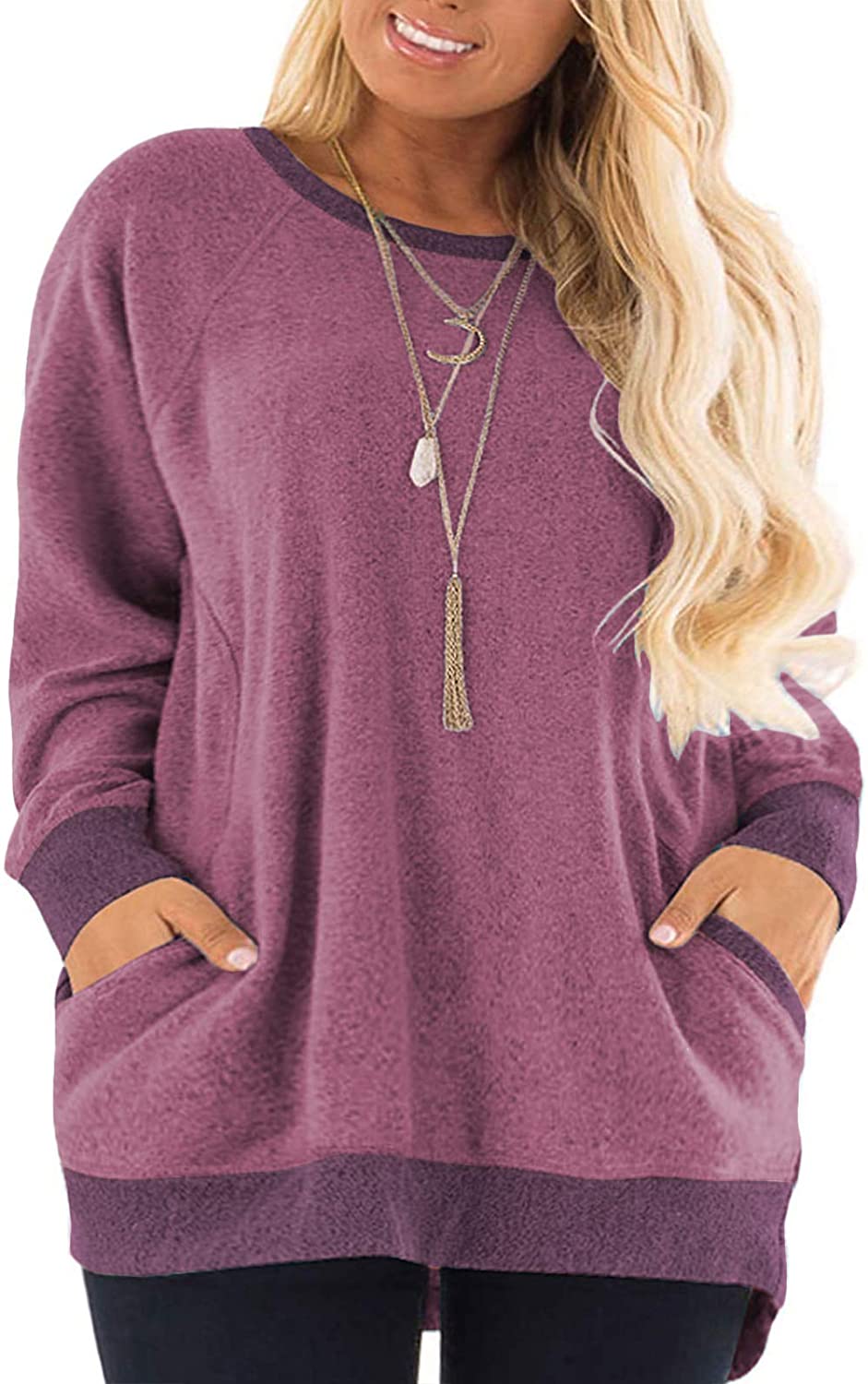 AURISSY Plus-Size Sweatshirts for Women Color Block Tops Shirts with Pocket 