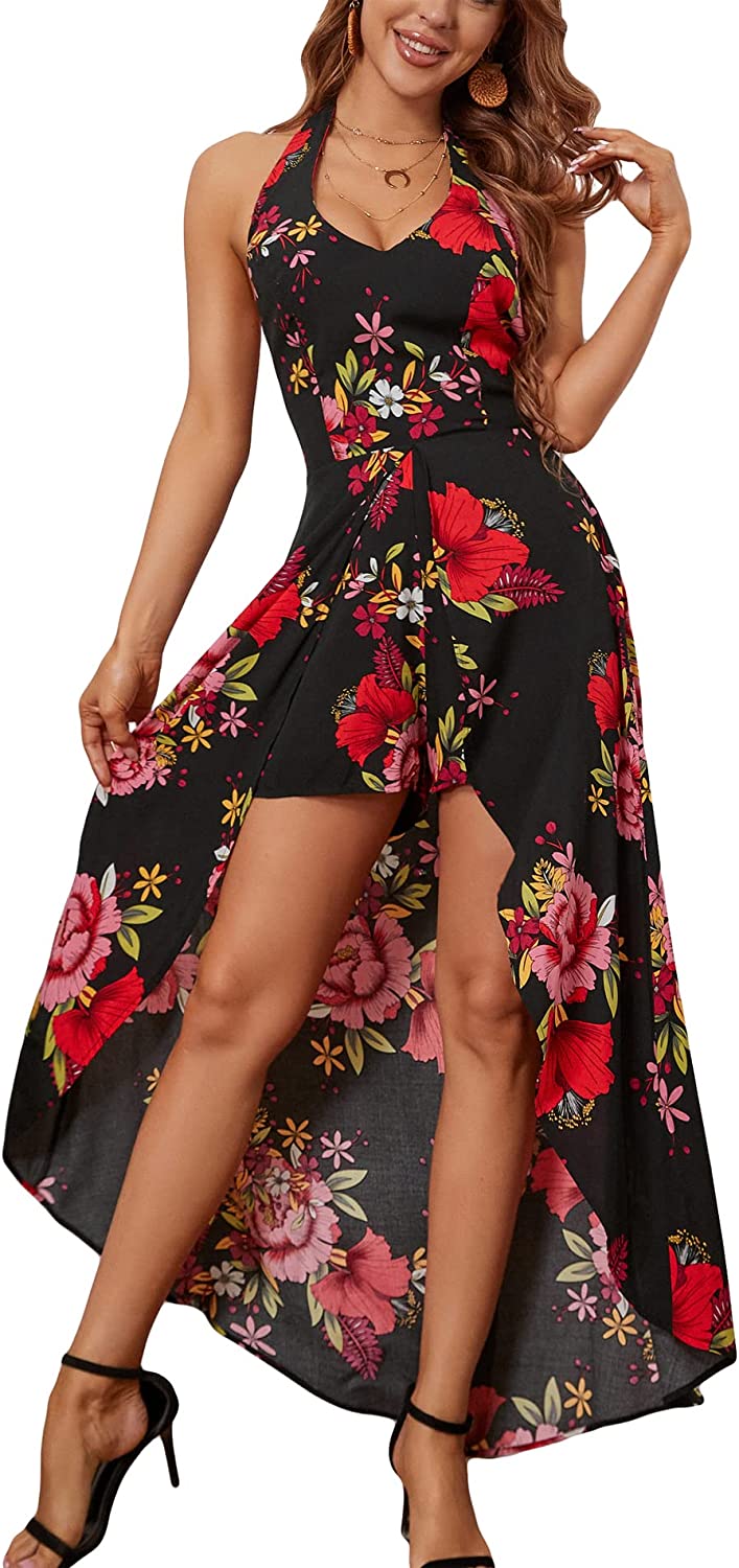 Kormei Womens Sleeveless Scoop Neck Floral Rayon Party Split Maxi Romper  Dress | eBay
