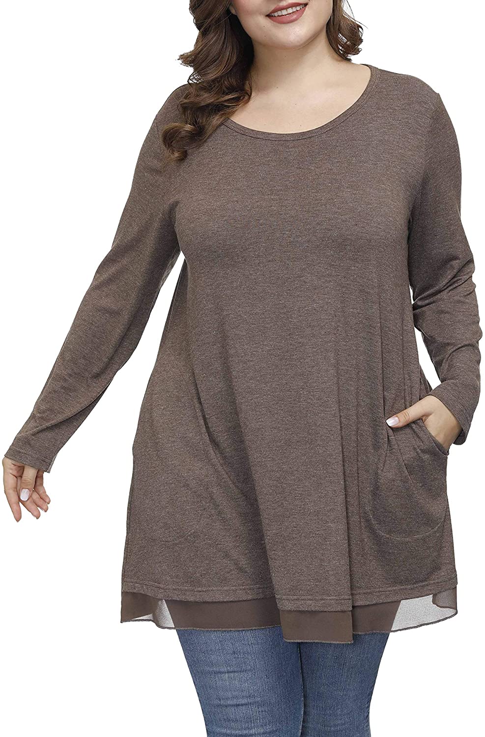 Shiaili Autumn Plus Size Tunic Tops for Women Hidden Pocket Flowy Long Shirts 