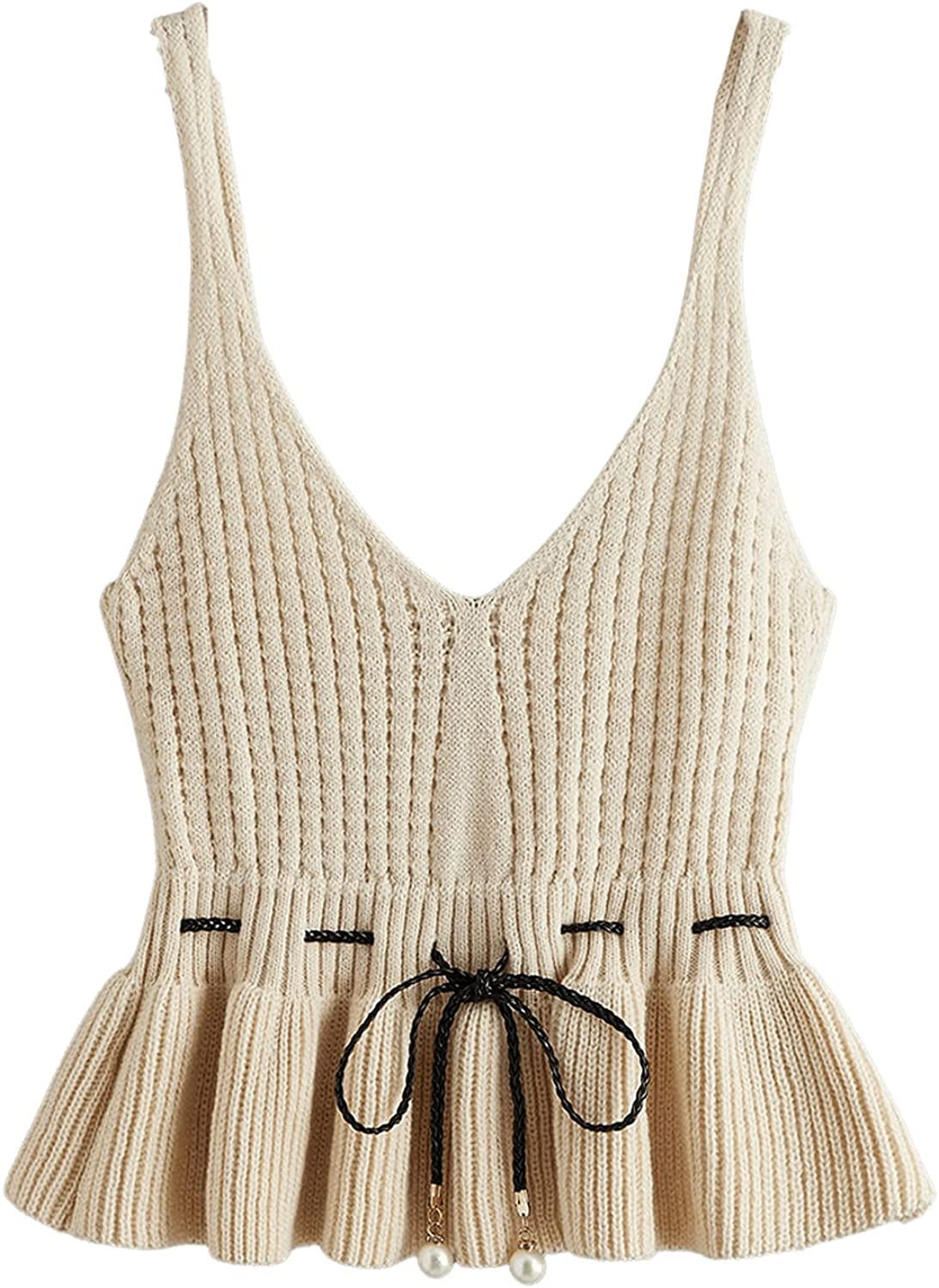 SweatyRocks Women's Casual Knit Top Sleeveless Ruffle Hem V Neck