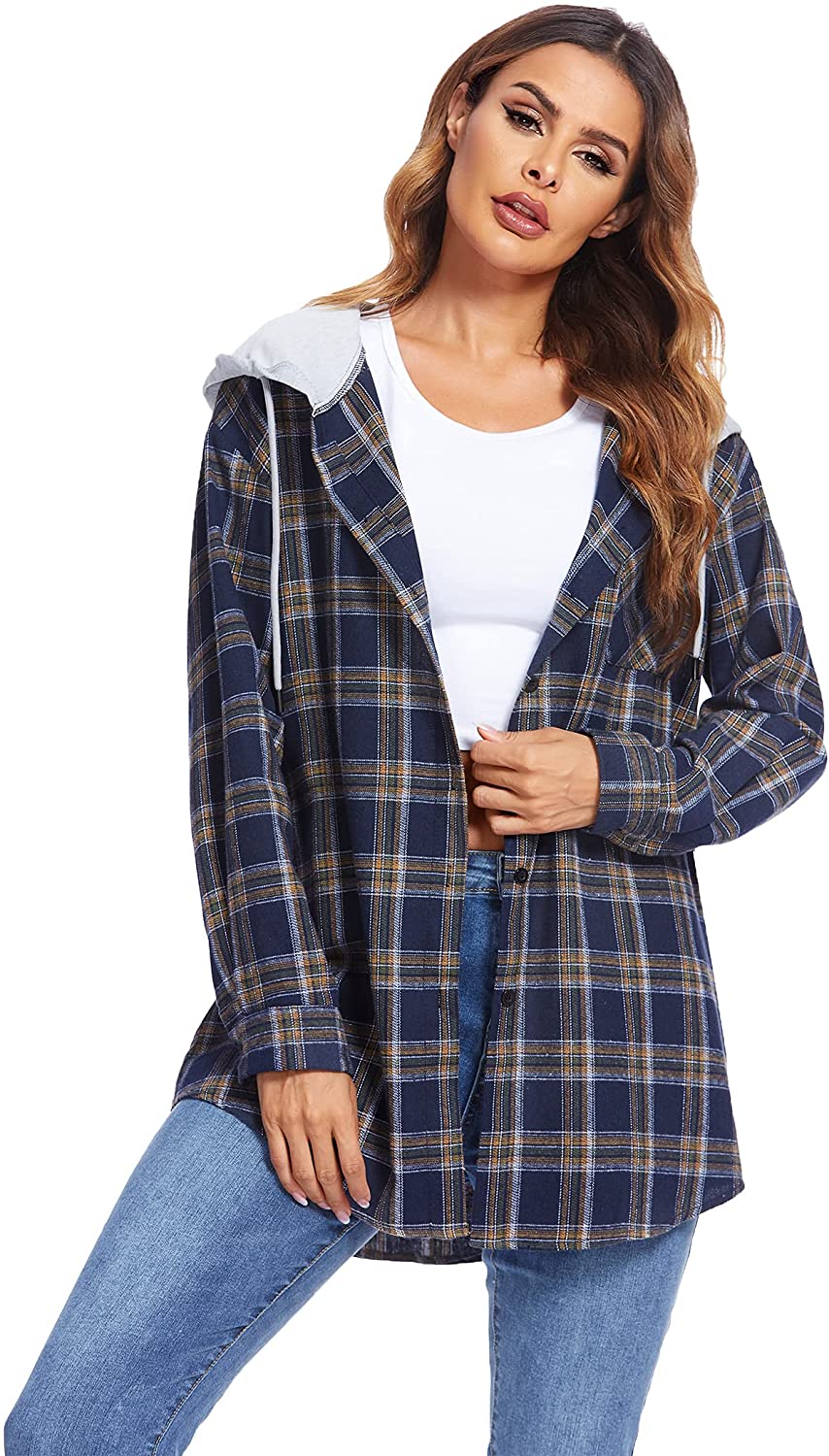 Womens Long Sleeve Plaid Hoodie Jacket Button Down Casual Boyfriend Blouse  Shirts Tops Flannel Shirts with Pocket Black at  Women's Clothing  store