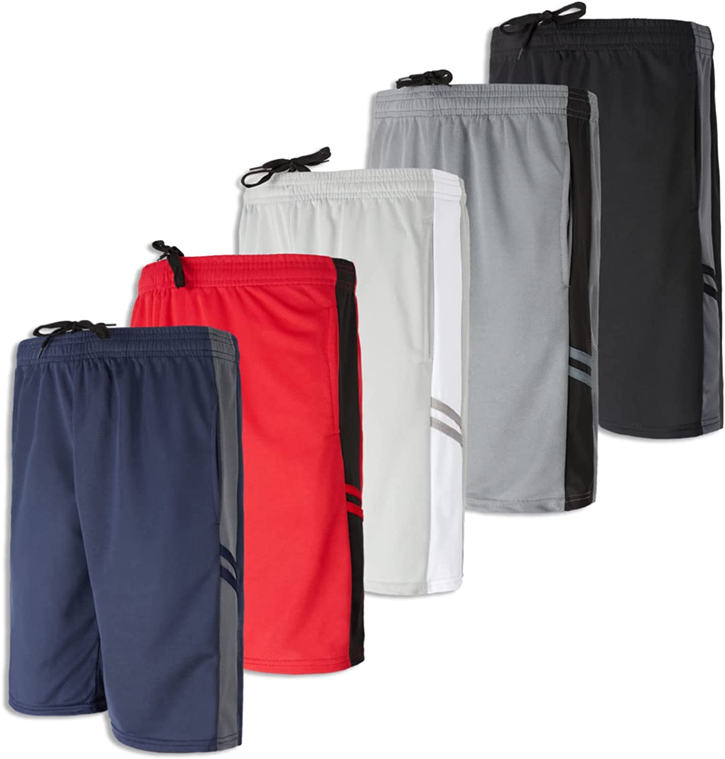 Real Essentials Boys' 5-Pack Mesh Active Athletic Performance Basketball Shorts with Pockets 