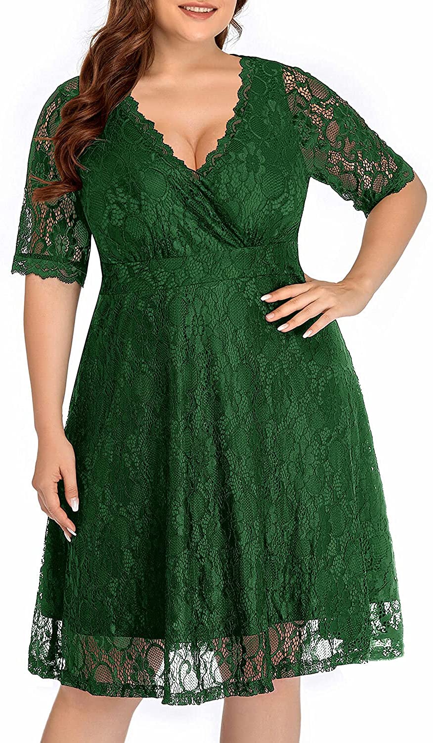 Women Lace V Neck Plus Size Half Sleeve Knee Length Cocktail Wedding Guest  Swing