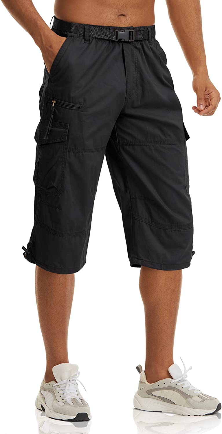 No Belt TACVASEN Men's Casual Pants Cotton Elastics Below Knee 3/4 Long Cargo Carpi Shorts with 7 Pockets 