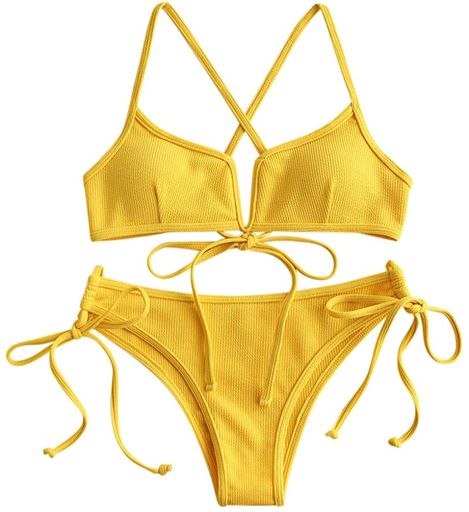 ZAFUL Womens V-Wire Padded Ribbed High Cut Cami Bikini Set Two Piece Swimsuit