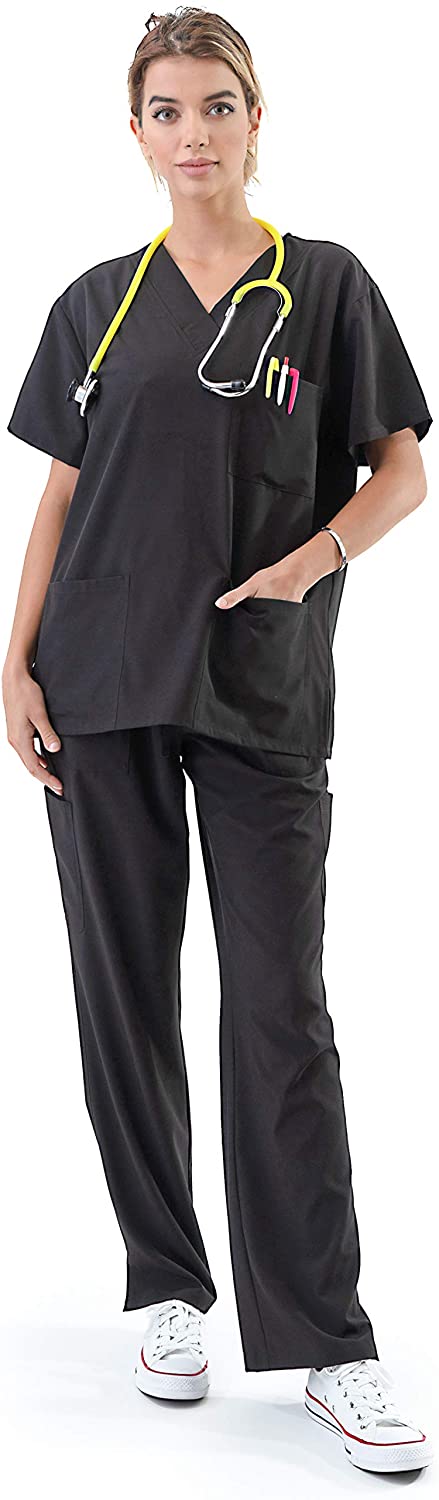 2 Pack 4 Way Stretch Lightweight 8 Pockets V-Neck Top Shirts Elastic Waist Pants Nursing MEDPIA Women's Medical Uniform Set 