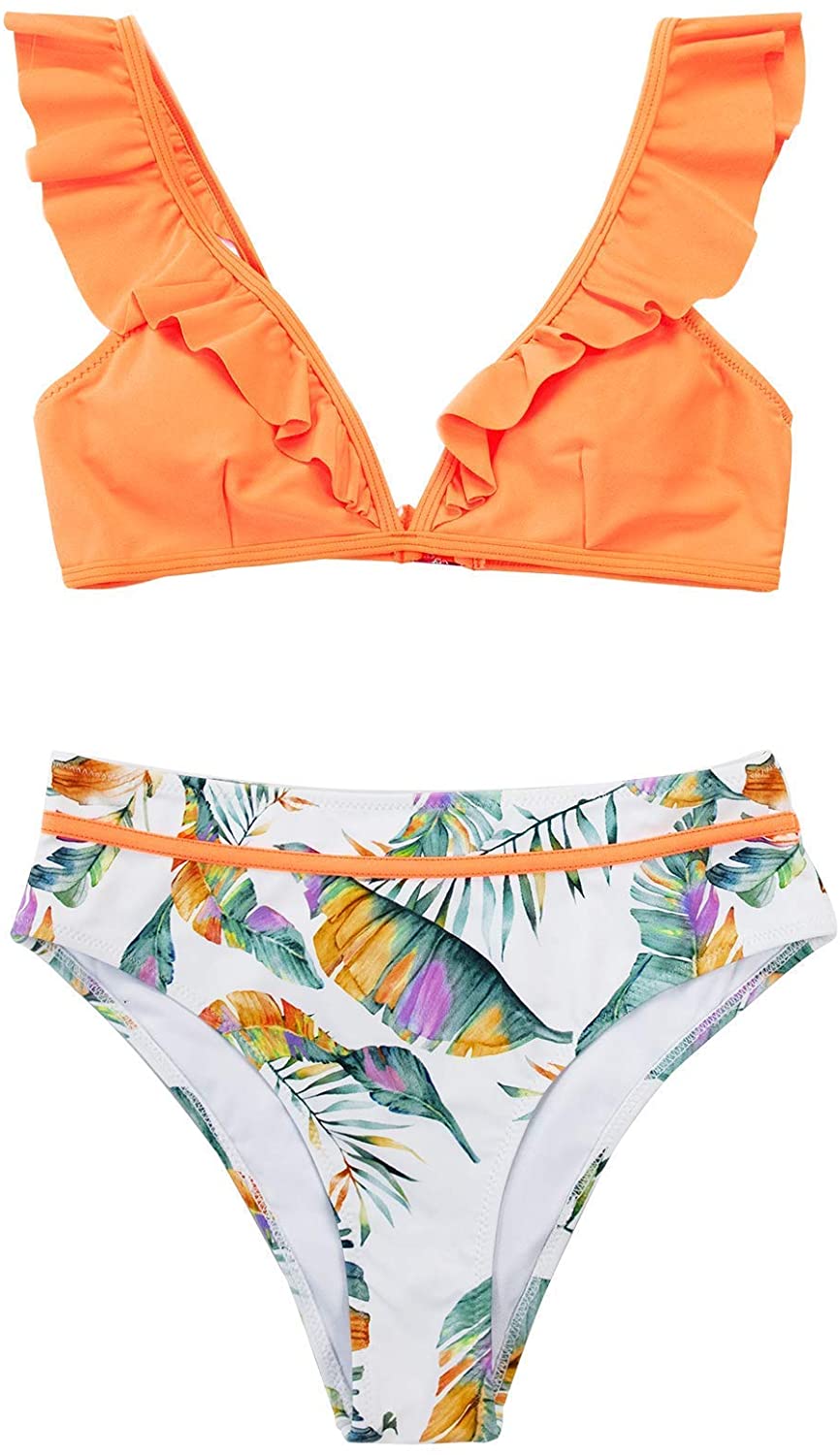 CUPSHE Women's Orange Floral Bottom Ruffle Hook Closure Bikini Set 