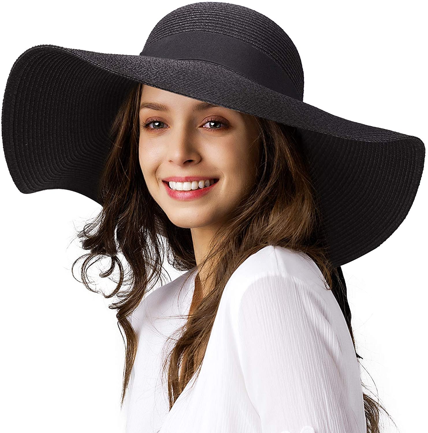 Naivlizer Women Wide Brim Sun Hat UPF50 Straw Summer Hat Floppy Beach Hat Roll-Up 