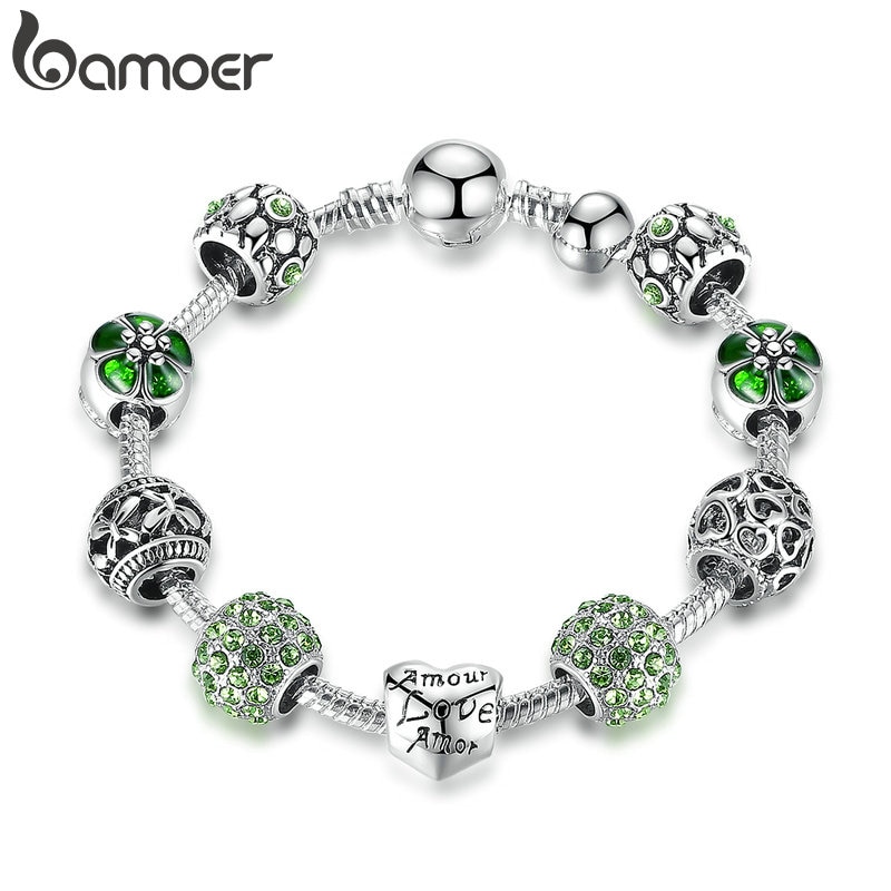 BAMOER Silver Plated Charm Bracelet & Bangle with Love and Flower Beads Women Wedding Jewelry 4 Colors 18CM 20CM 21CM PA1455-3