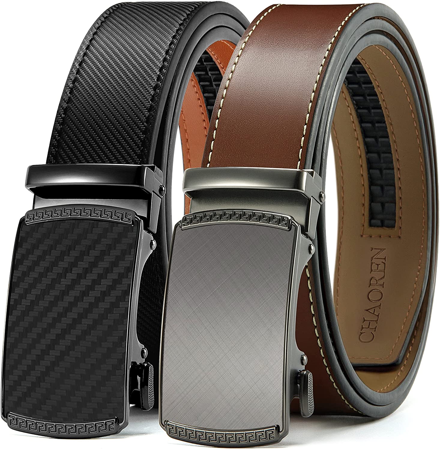 Belts Men, CHAOREN Leather Ratchet Belt 2 Pack with Click Buckle 1 3/8 in  Gift