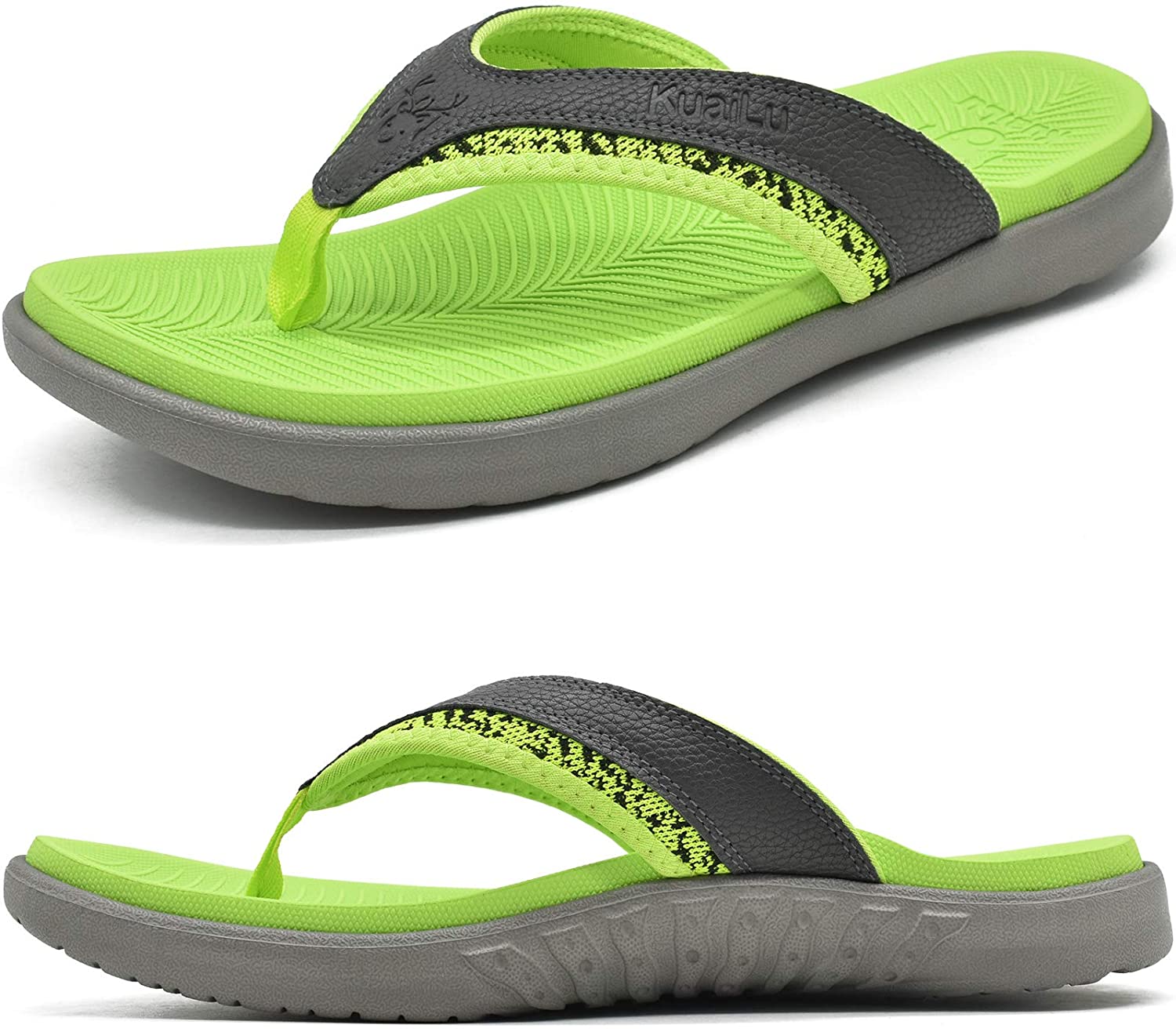 KuaiLu Mens Leather Sport Flip Flops Comfort Orthotic Thong Sandals with Plantar Fasciitis Arch Support for Outdoor Summer Size 7~13 