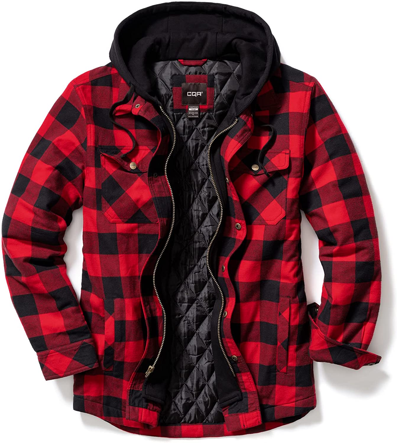 Long Sleeve Plaid Button Up Jackets CQR Men’s Hooded Quilted Lined Flannel Shirt Jacket 
