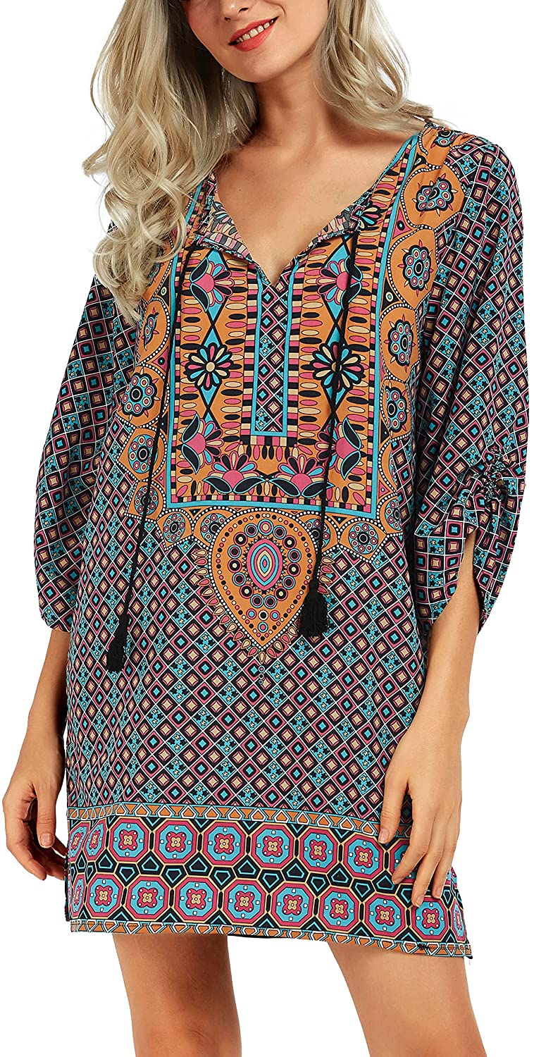 Women Bohemian Neck Tie Vintage Printed Ethnic Style Summer Shift Dress |  eBay