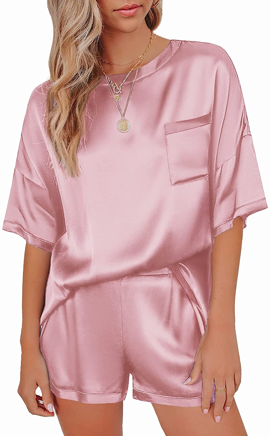 Ekouaer Satin Pajamas for Women Short Sleeve Silk Pajama Sets Soft ...