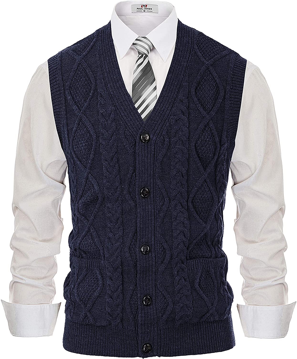PJ PAUL JONES Men's Sweater Vest V-Neck Sleeveless Cable Knitted