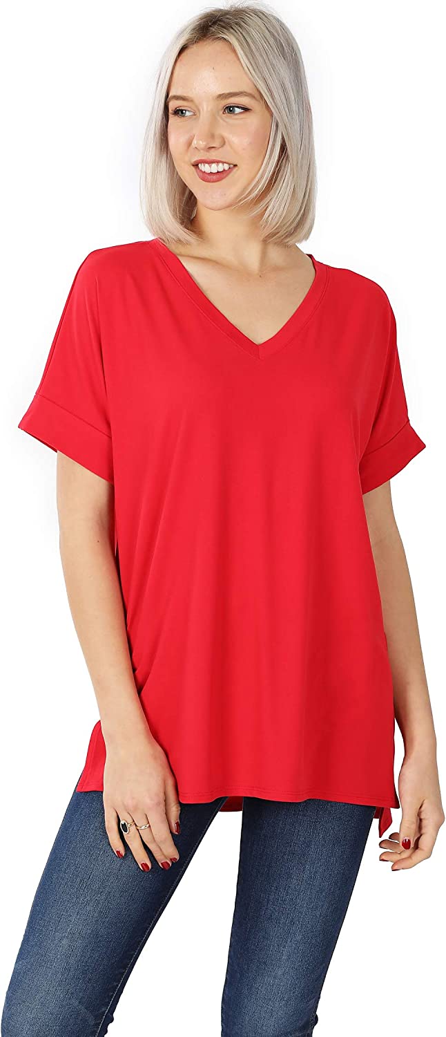 Zenana Regular and Plus Size Premium Rolled Short Sleeve Side Slit Top