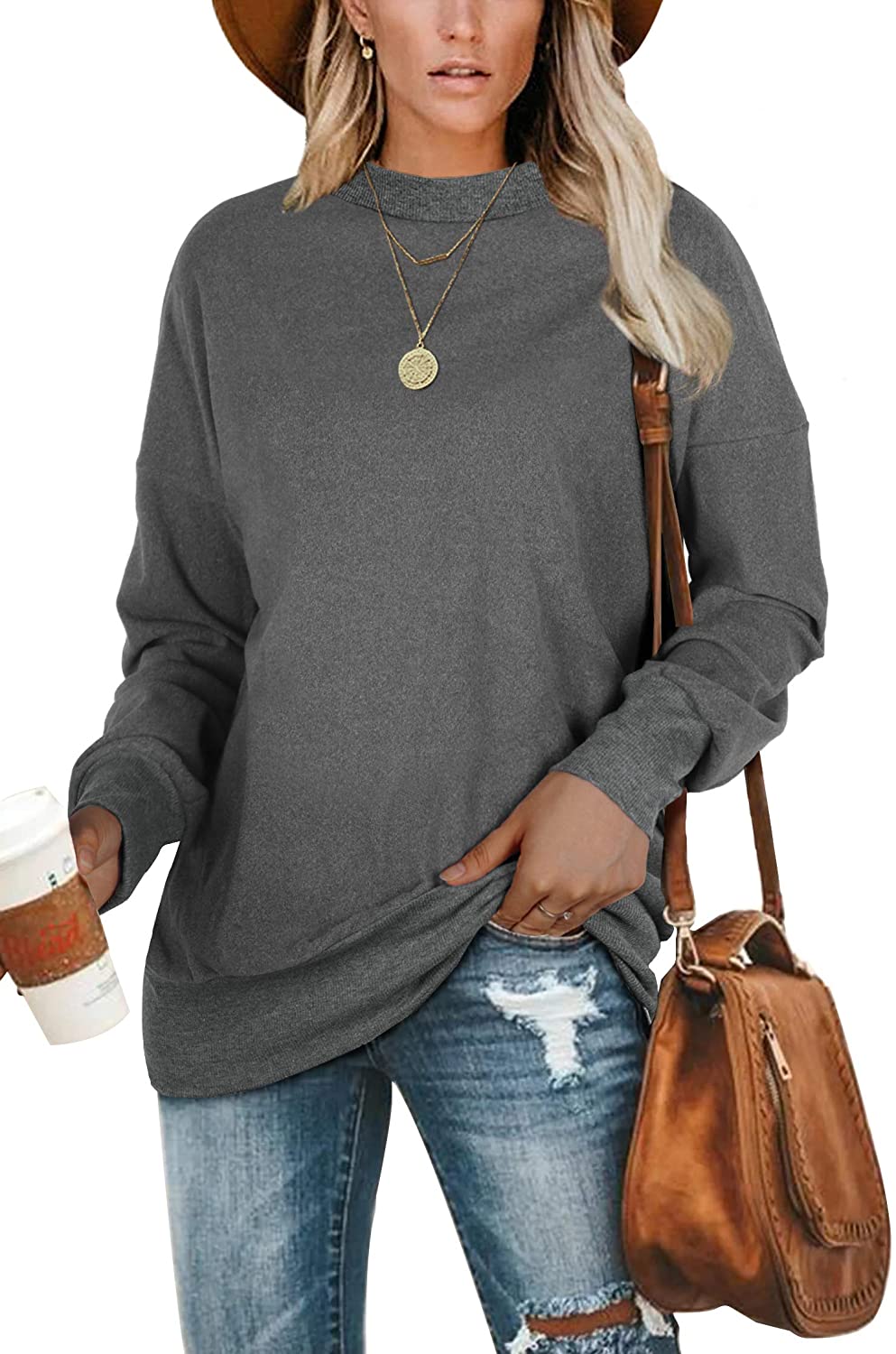 Jescakoo Tunic Sweatshirts for Women Oversized Crewneck Tops Long