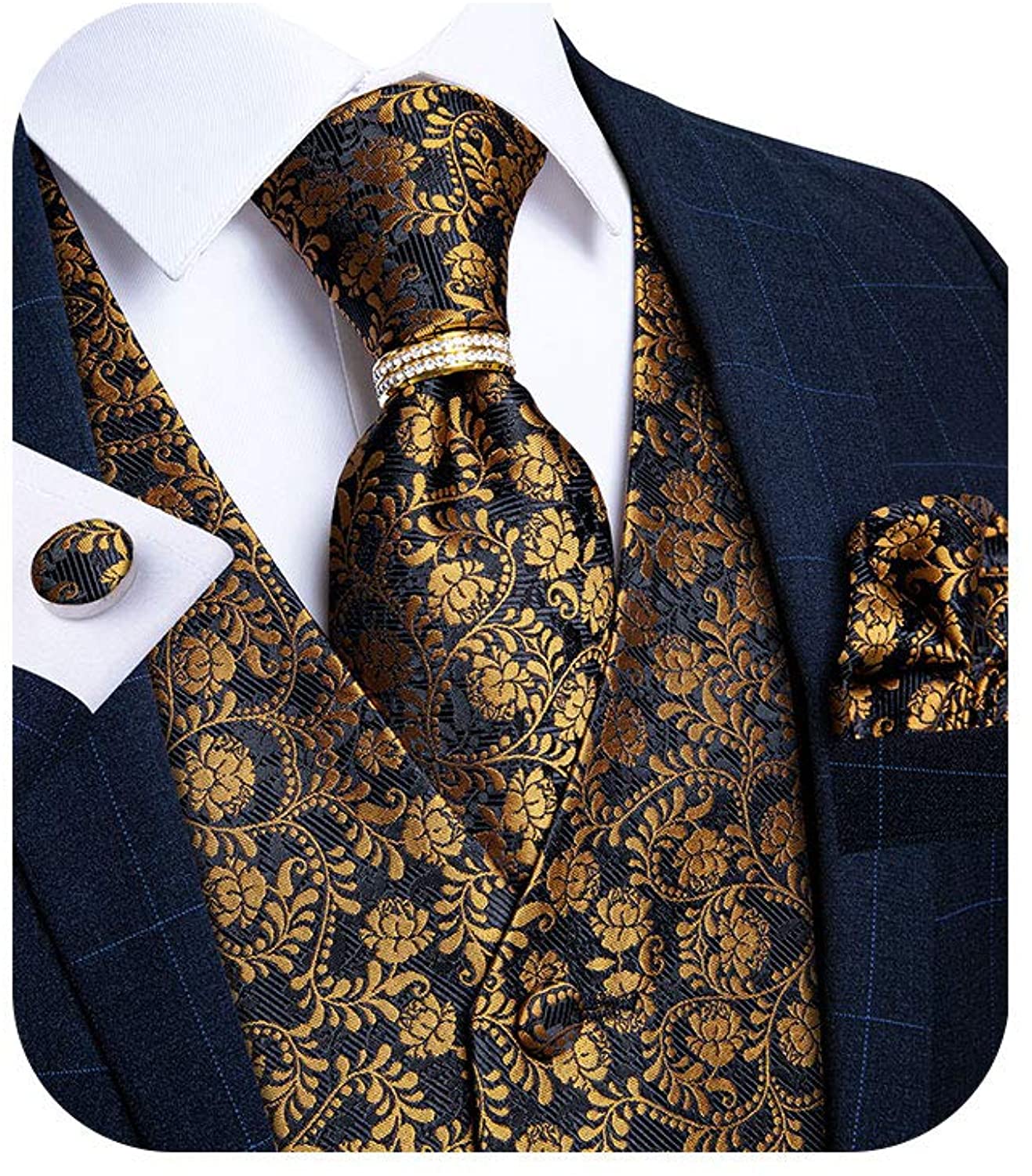 DiBanGu Mens Suit Vest Set 5 PCS Tuxedo Waistcoat and Tie Pocket Square Cufflinks Tie Ring for Wedding