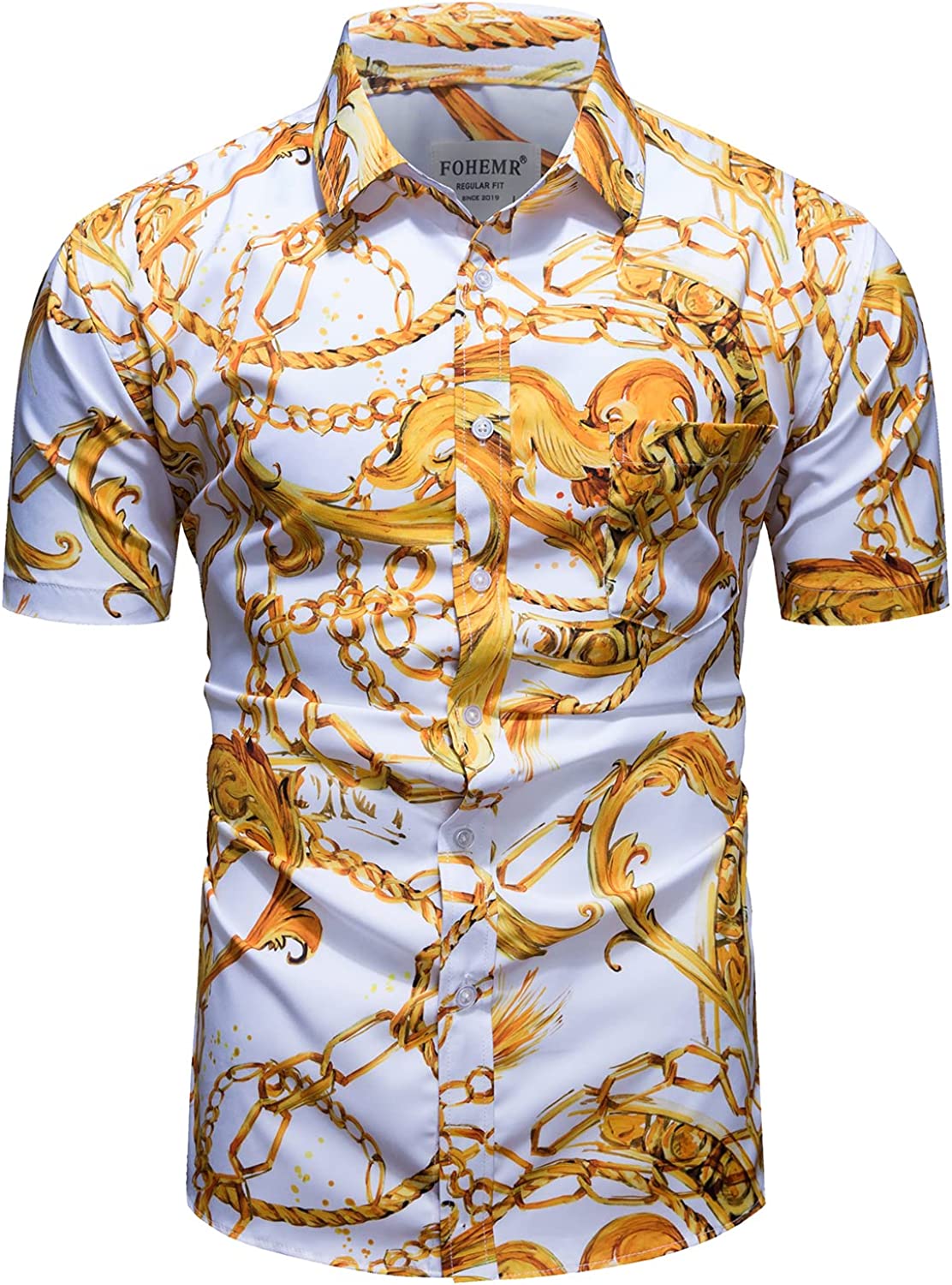  fohemr Mens Black Gold Dress Shirts Luxury Short Sleeve Chain  Print Shirt Baroque Casual Button Down Design Buchona Shirts Small :  Clothing, Shoes & Jewelry