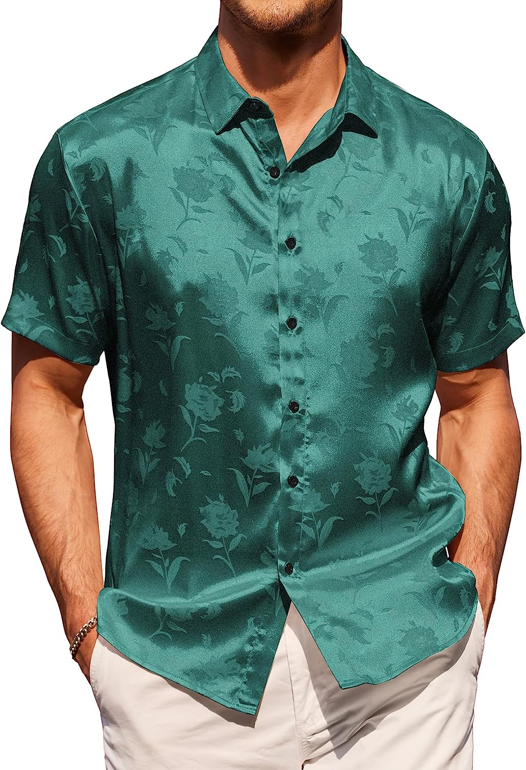 COOFANDY Men's Summer Jacquard Shirts Short Sleeve Silk Satin