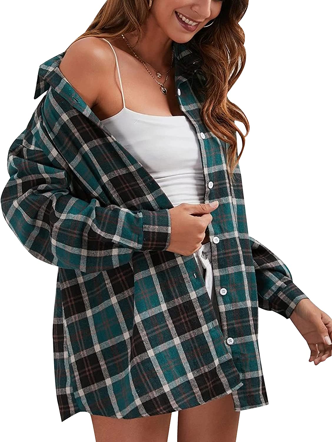 HangNiFang Womens Flannel Plaid Shirts Oversized Button Down Shirts Blouse Tops 