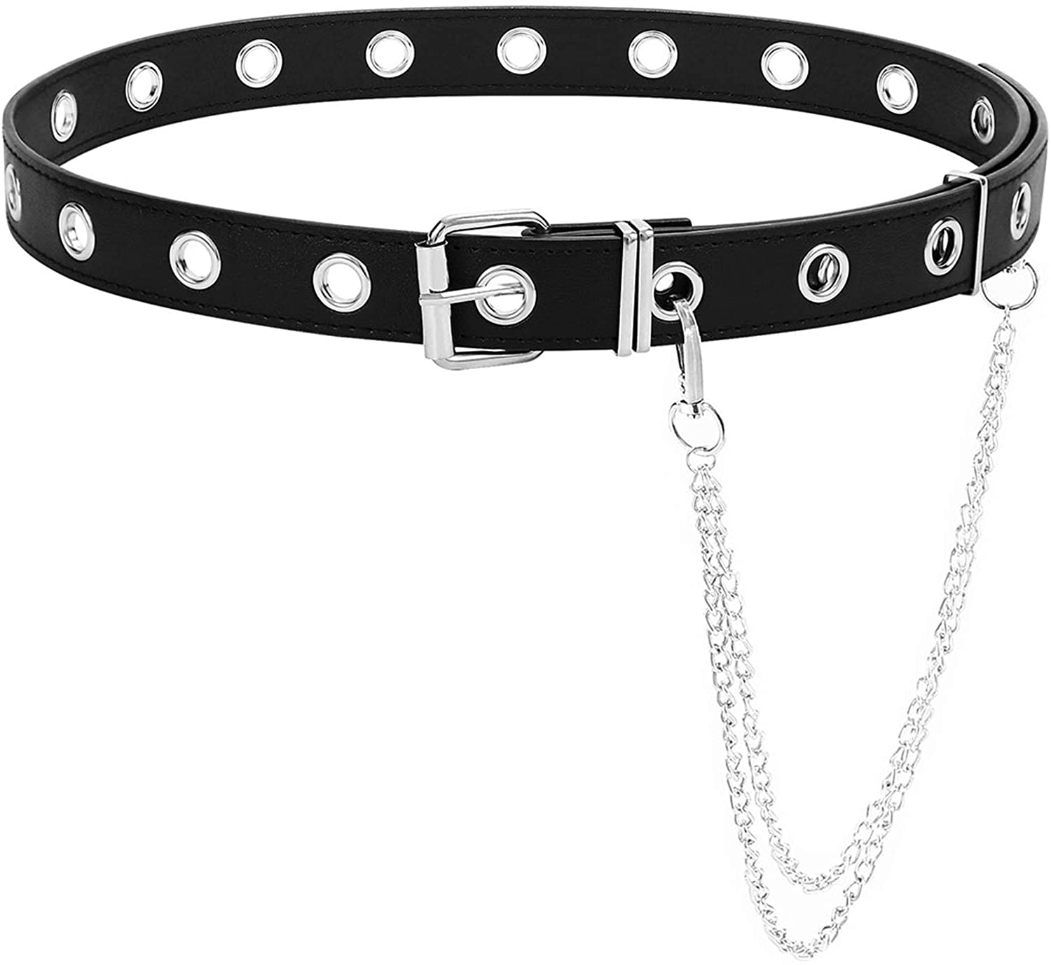 UIYTR Steampunk Rock PU Leather Belt Double Grommet Novel Belts with  Chain,Studded Belt Punk Accessories
