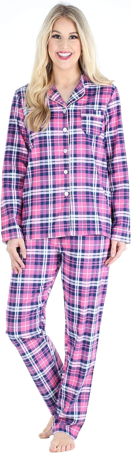 PajamaMania Women's Cotton Flannel Long Sleeve Button-Down Pajamas PJ Set