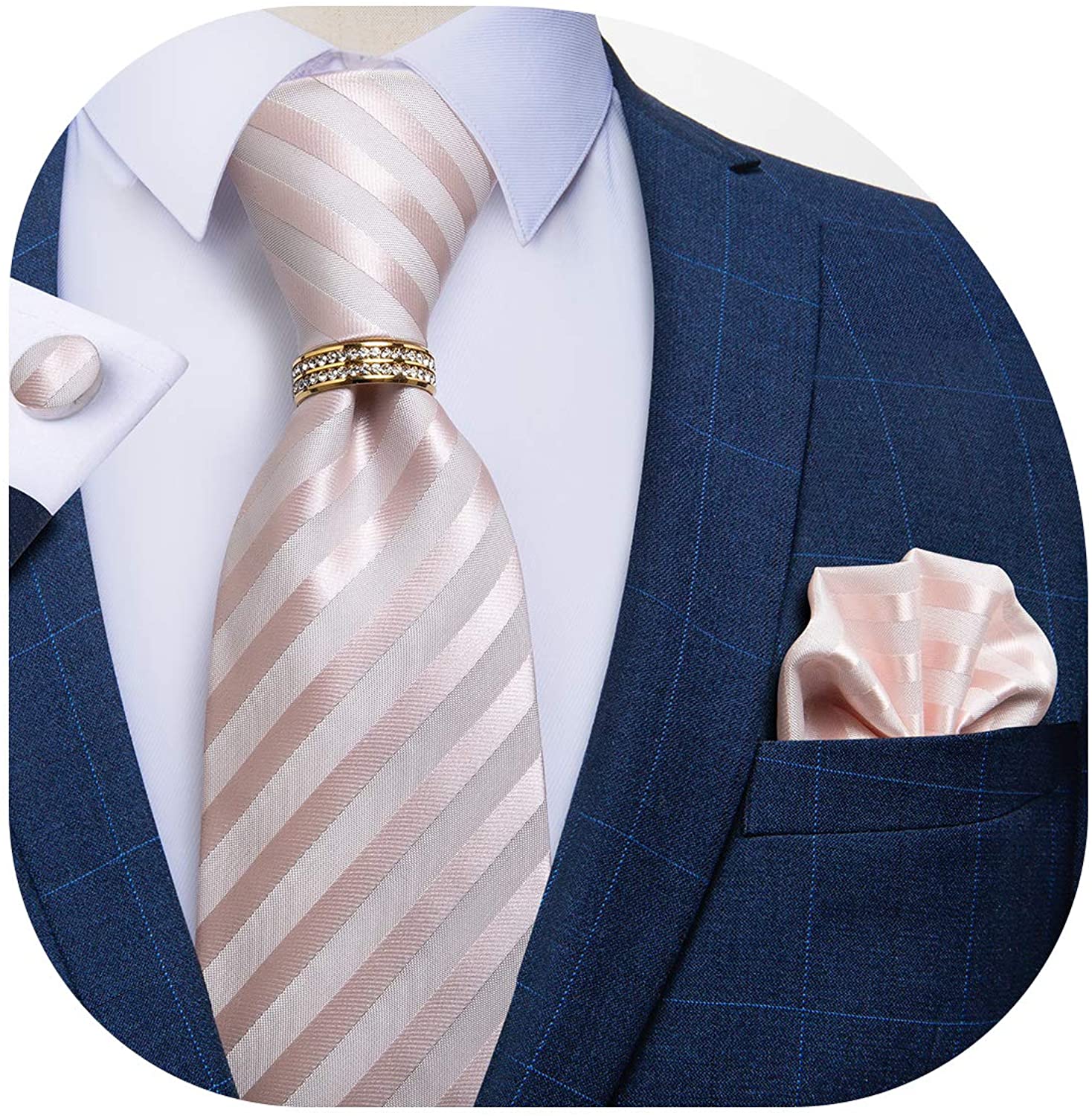 DiBanGu Mens Gift Tie Set Formal Orange Paisly Necktie and Gold Tie Ring Set Silk Pocket Square Cufflinks
