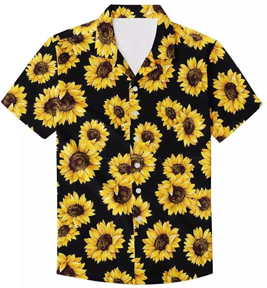 InterestPrint Button Down Shirt Sunflower Background Print Casual Button Down Short Sleeve Shirt
