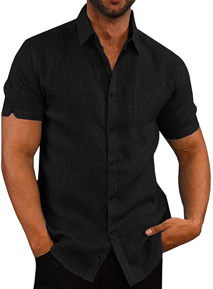 Mens Button Down Shirts Casual Short Sleeve Linen Beach Tops Cotton  Lightweight