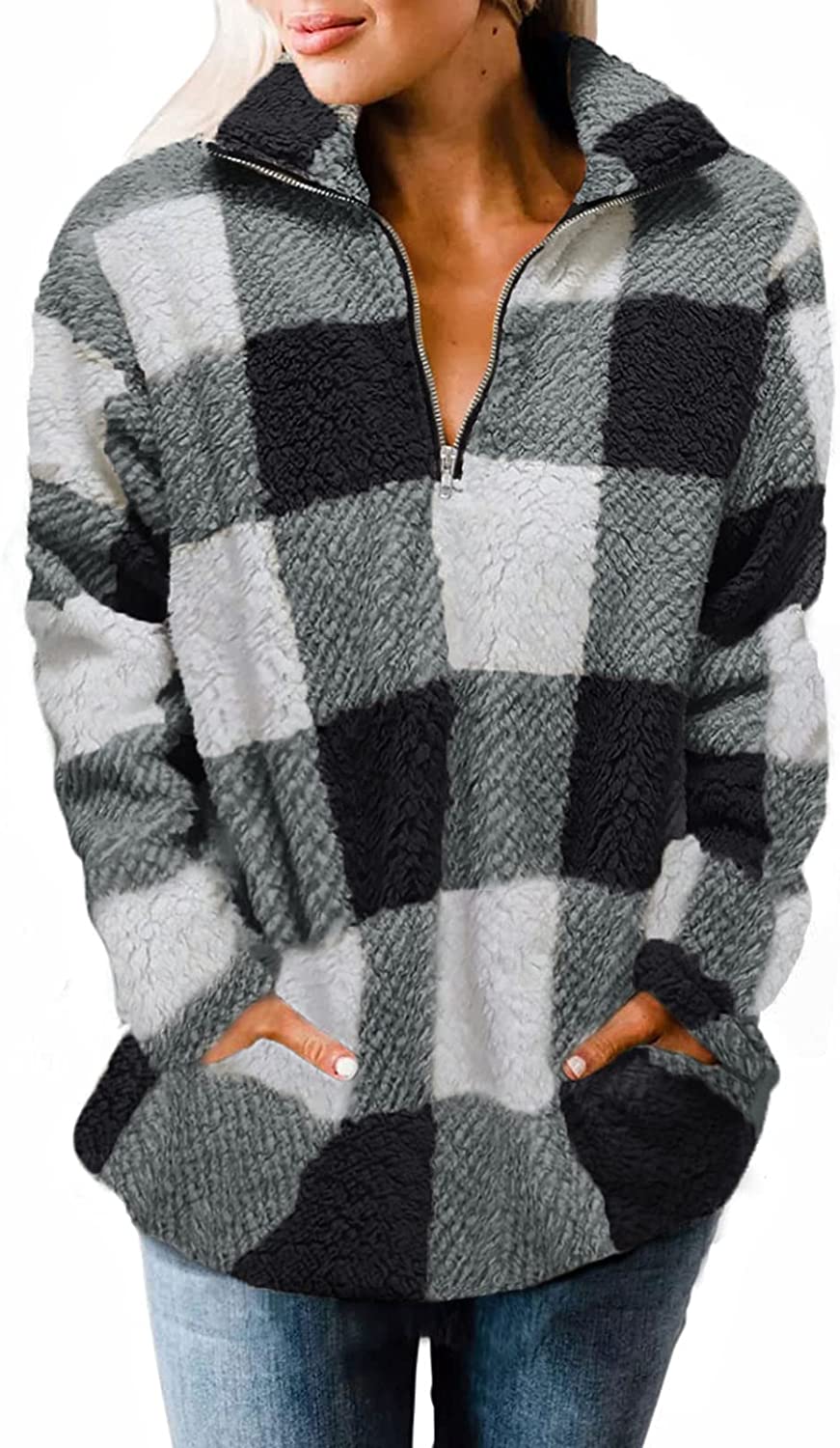 ZESICA Women's Plaid Long Sleeve Zipper Sherpa Fleece Sweatshirt Pullover Jacket Coat with Pockets