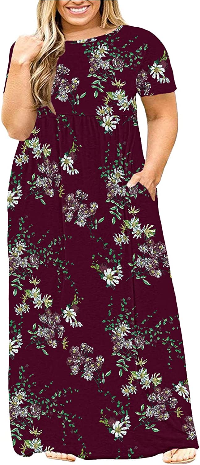 Kancystore Women's Short Sleeve Floral Maxi Dresses Cold Shoulder Dress with Pockets 