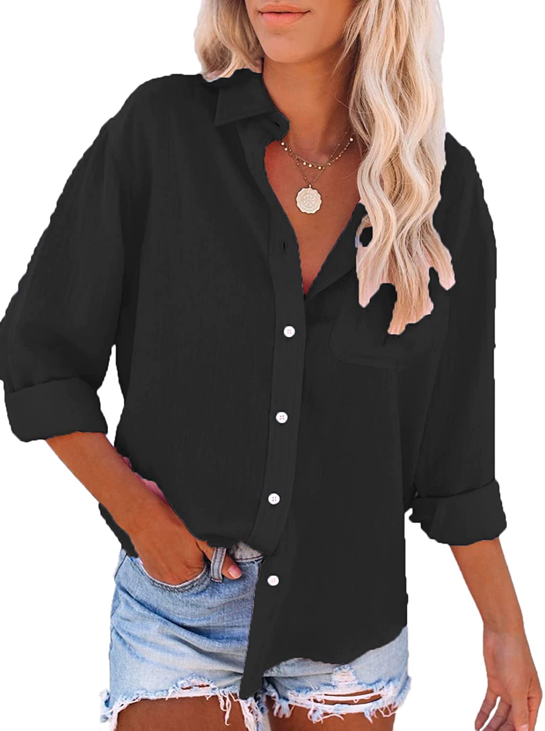 Paintcolors Women's Button Up Shirts Cotton Roll-Up Sleeve Blouses V Neck  Casual