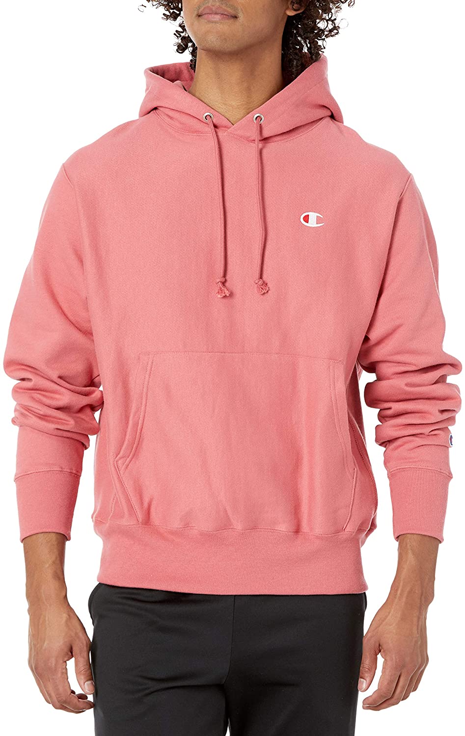 champion reverse weave left chest c pullover hoodie pink