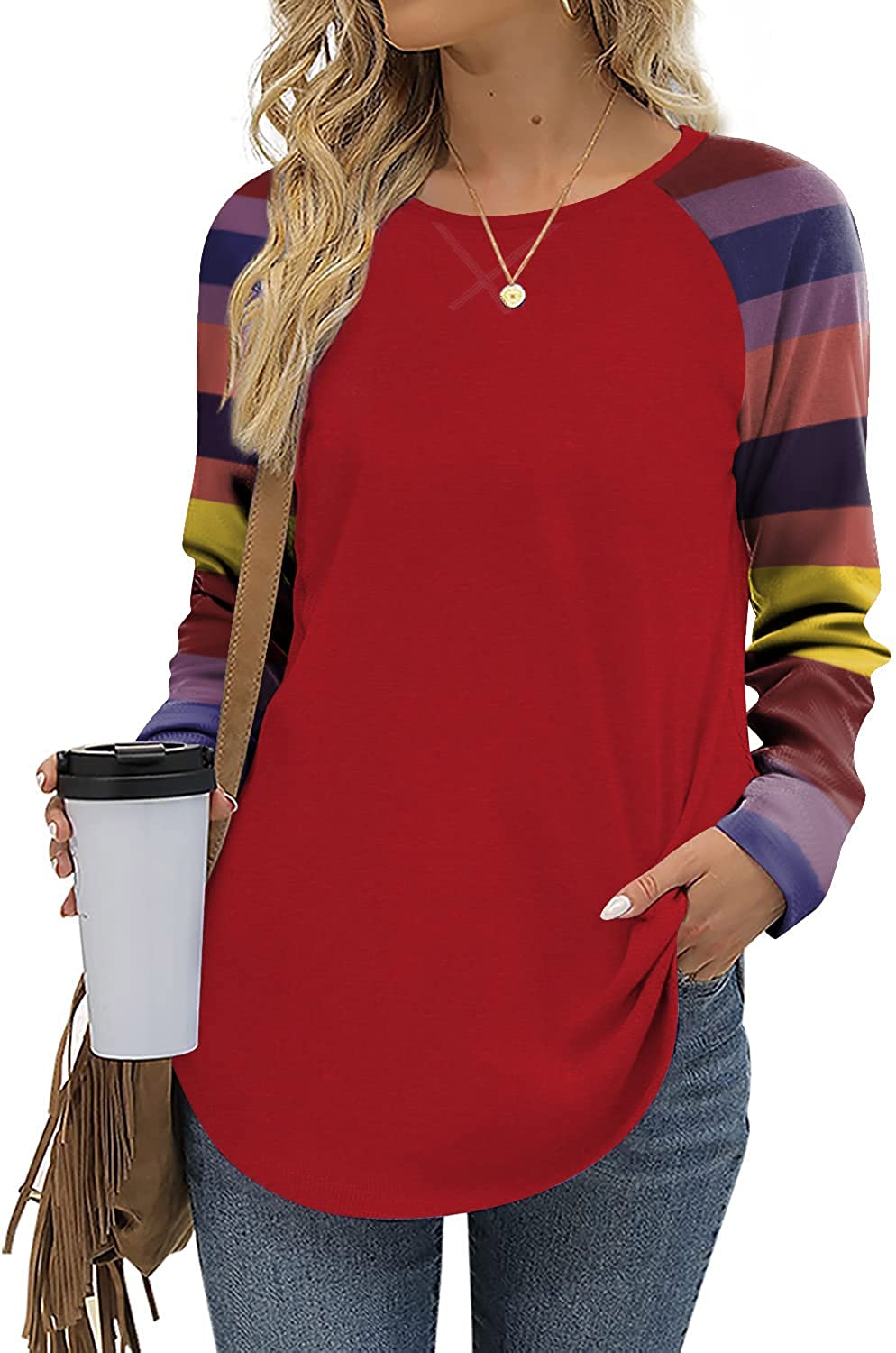 POPYOUNG Women's Fall Casual T-Shirt Long Sleeve Side Split Tunic