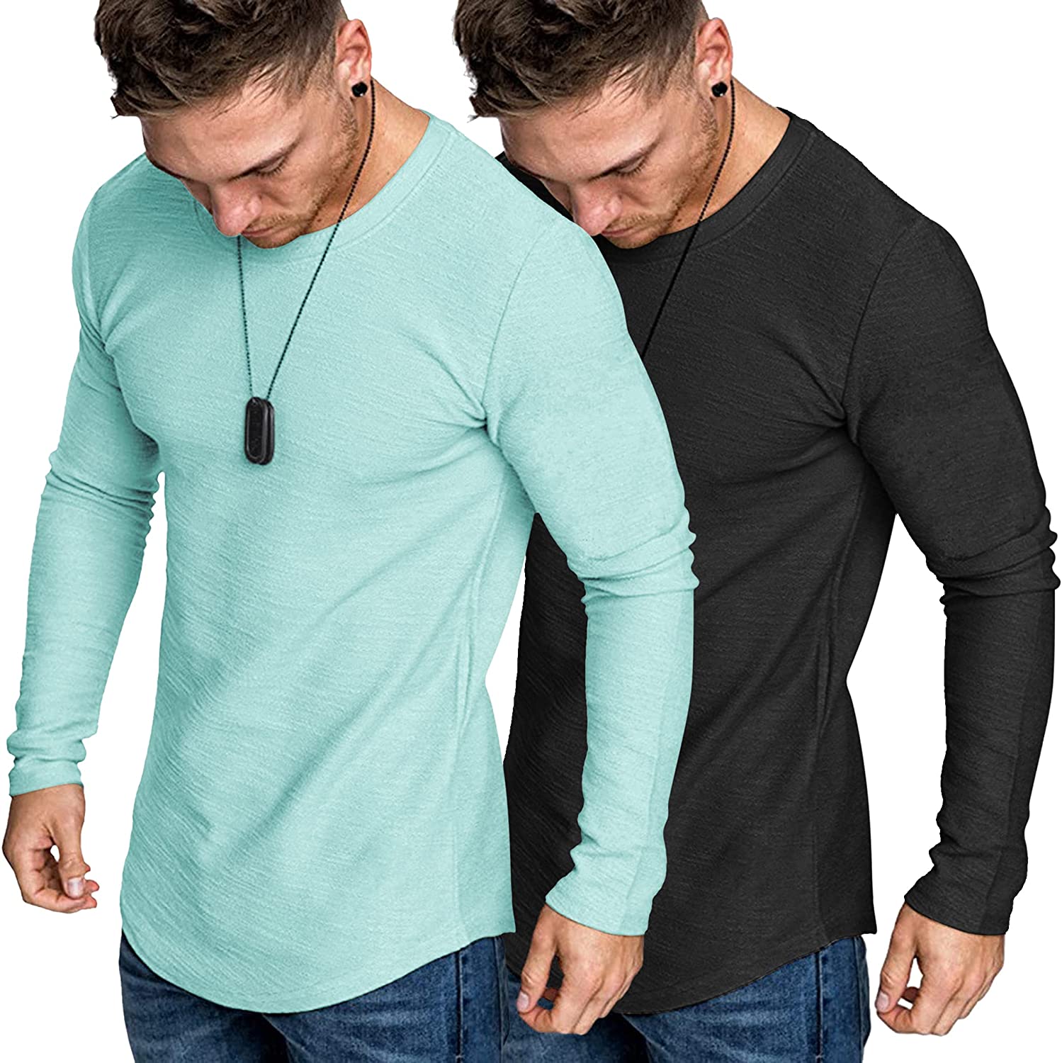 COOFANDY Men 2 Pack Muscle Fitted T Shirt Gym Workout Athletic Long Sleeves Tee 