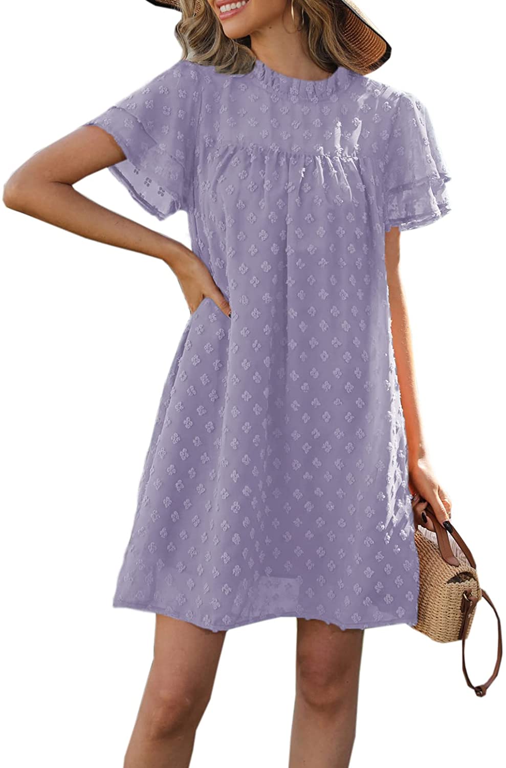 ZILIN Women's Summer Casual Short Sleeve Swiss Dot Chiffon Dress