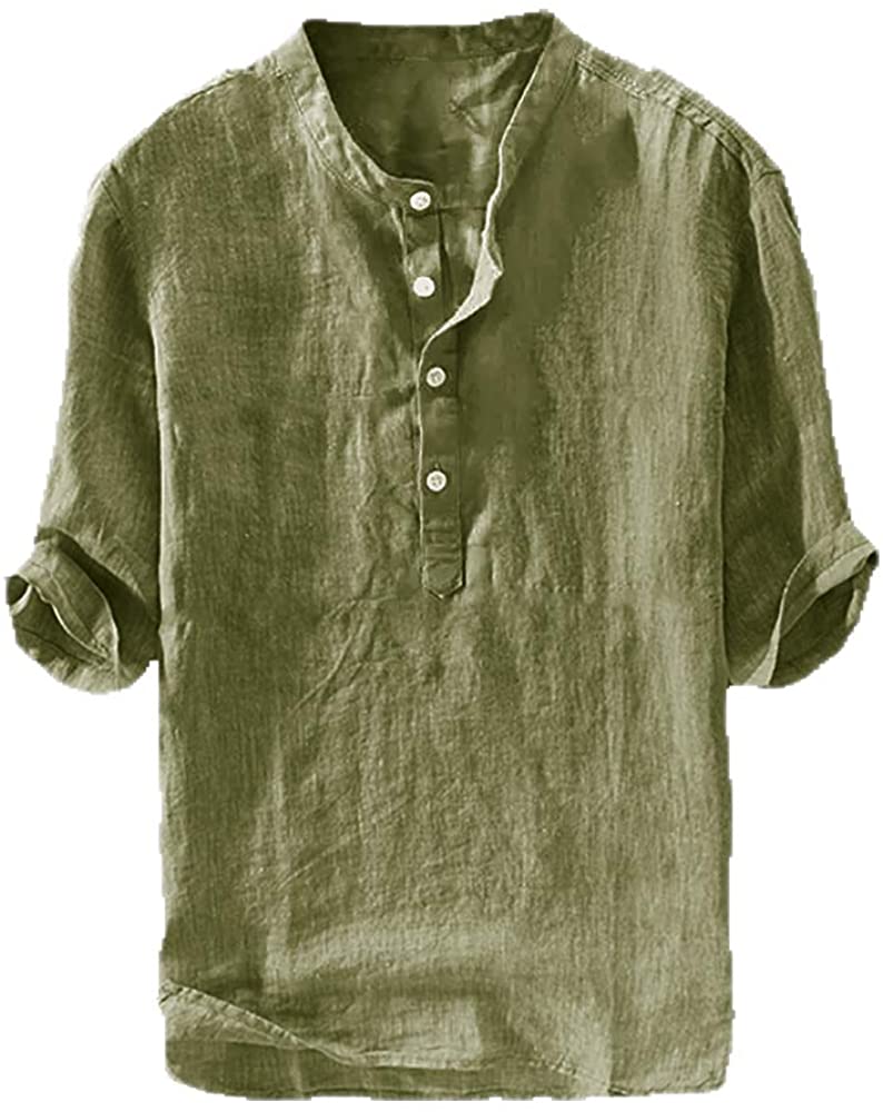 Mens Linen Henley Shirt Casual 3/4 Sleeve T Shirt Pullover Tees Lightweight  Curv