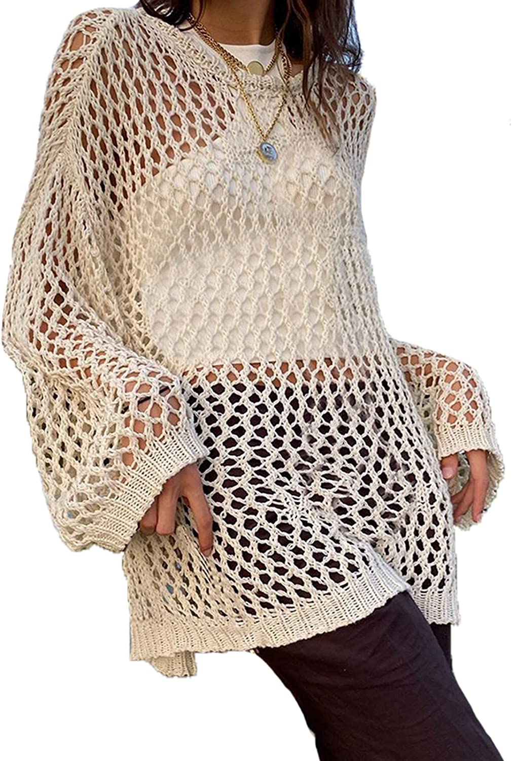 Women Hollow Out Crochet Knit Crop Tops Color Block Long Sleeve