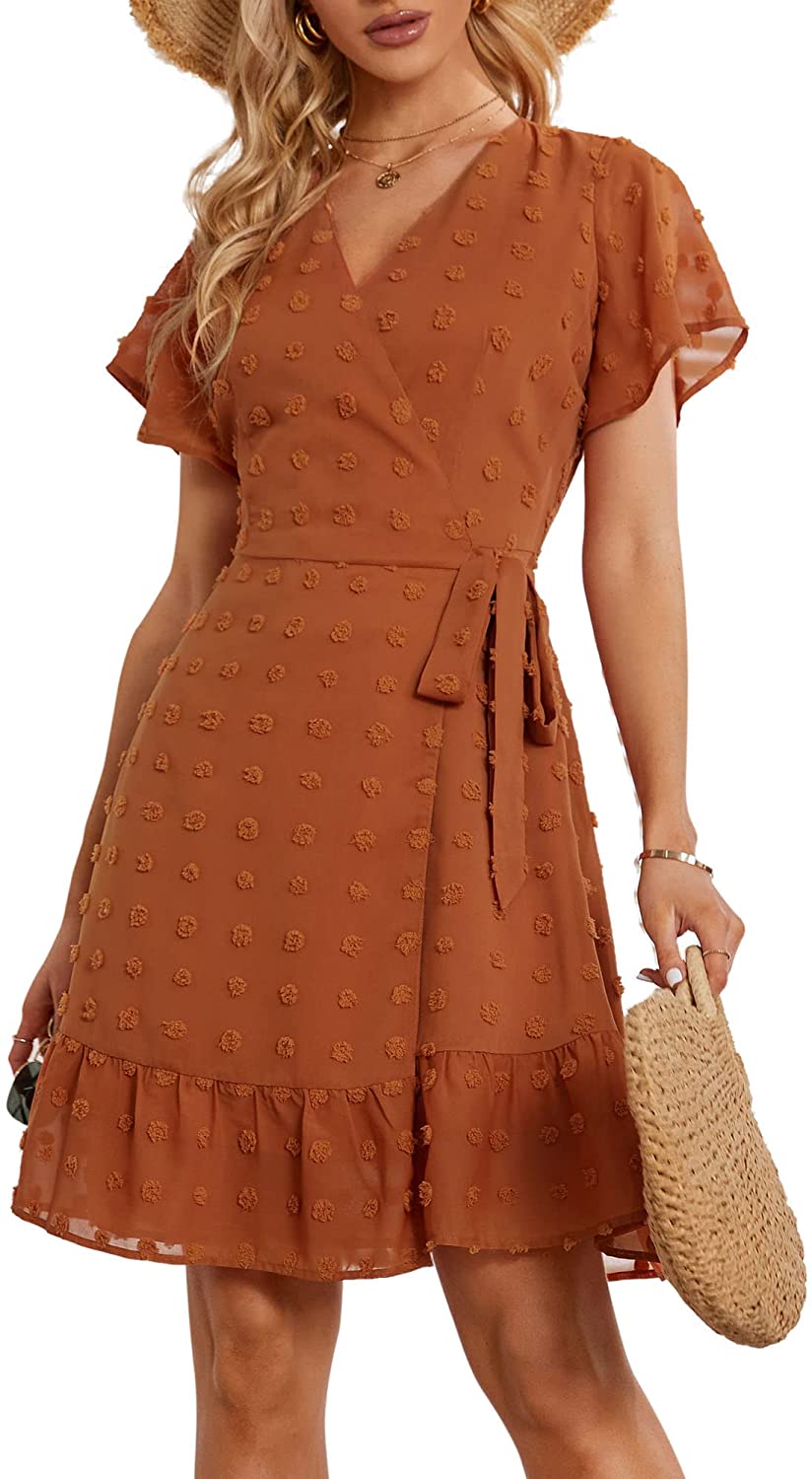 MSBASIC Womens Summer Wrap V Neck Flutter Sleeve Swiss Dot Ruffle Hem Mini  Dress | eBay