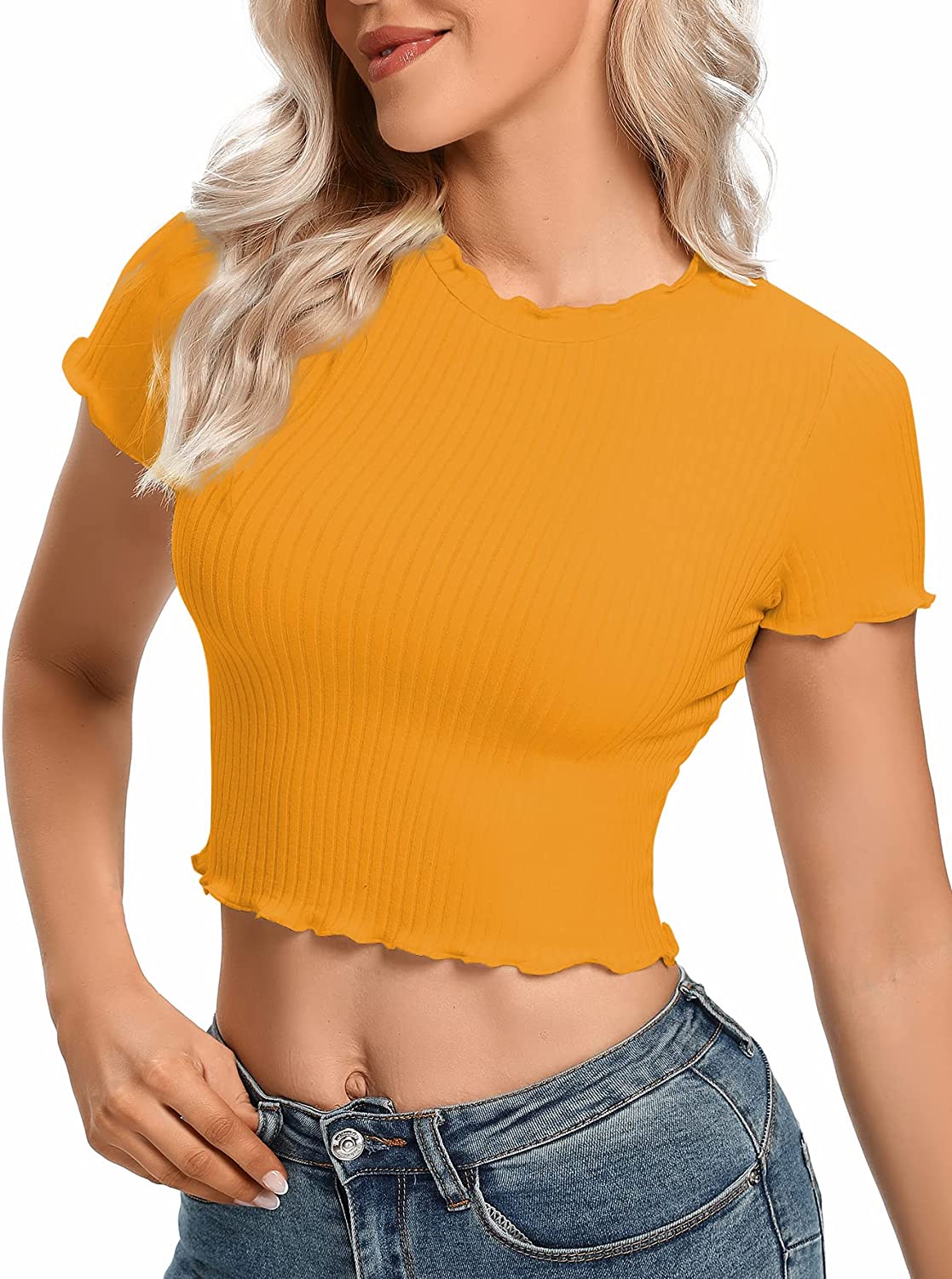 Fitted Short-Sleeve Cropped Rib-Knit T-Shirt for Women