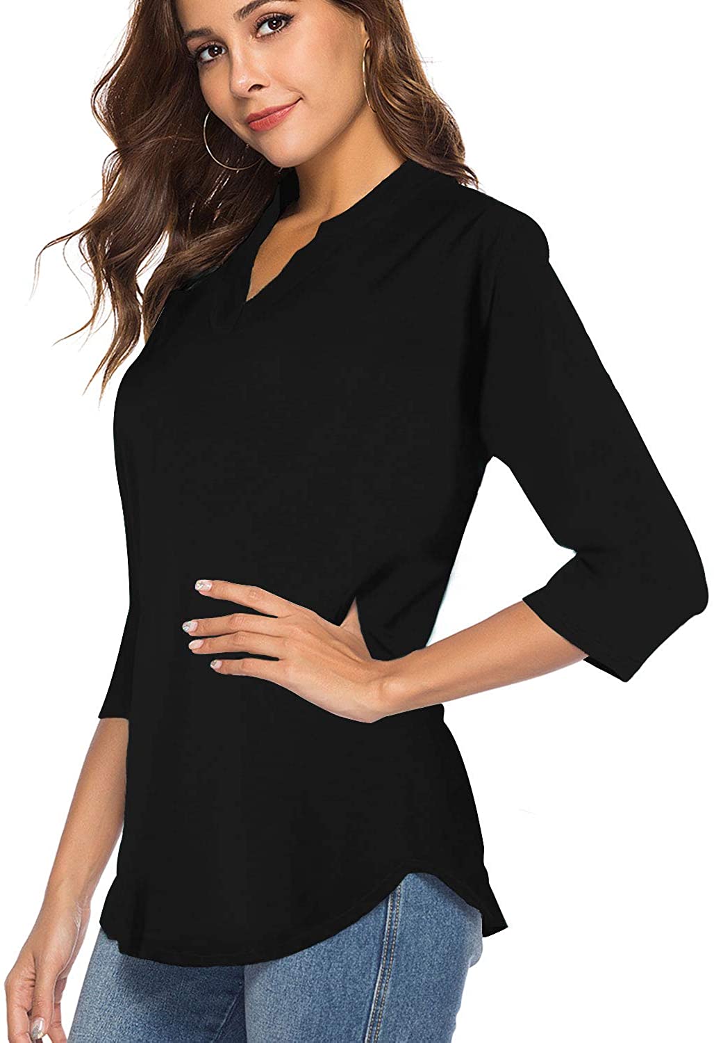 CEASIKERY Women's 3/4 Sleeve V Neck Tops Casual Tunic Blouse Loose ...