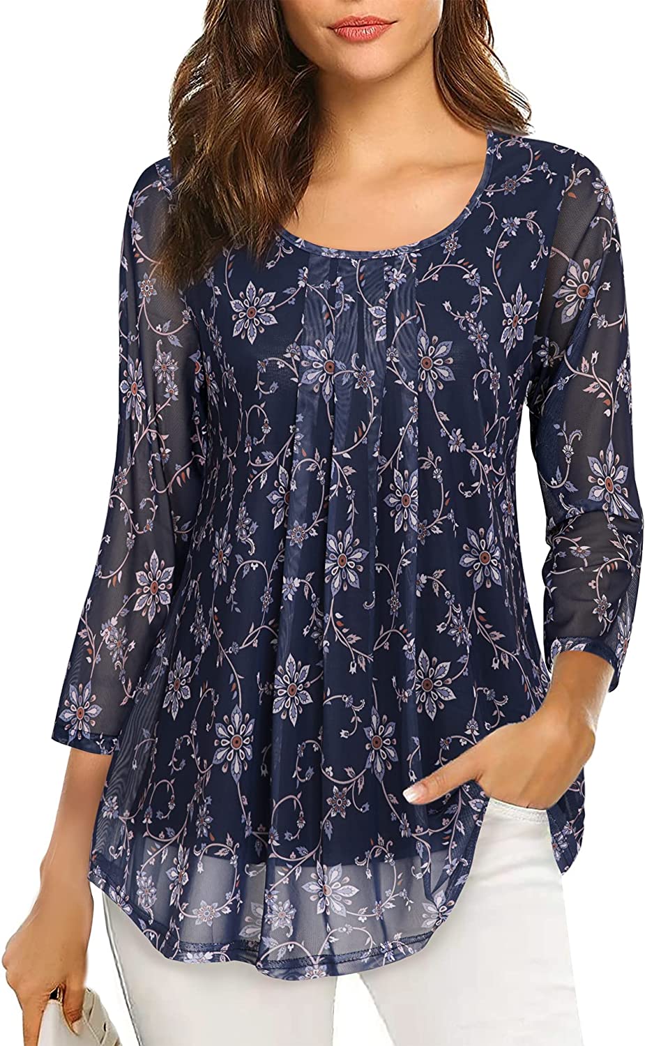 VALOLIA Women's 3/4 Sleeve Tunic Tops Casual Loose Fit Floral Blouses ...