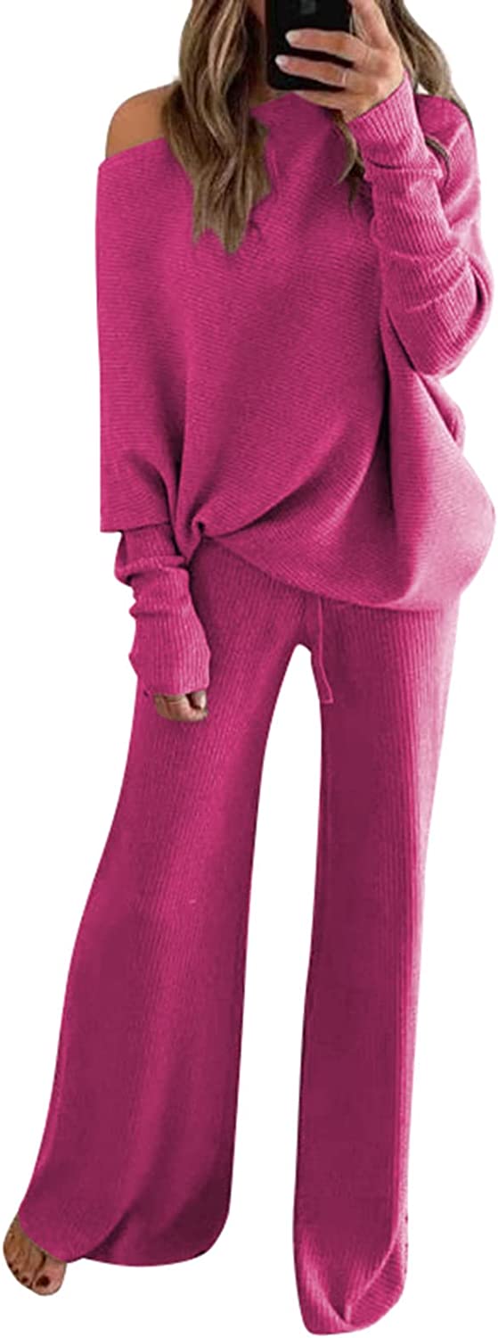 Linsery Women 2 Piece Sweater Sets High Neck Knitted Pullover Wide Leg  Casual Sweatsuit