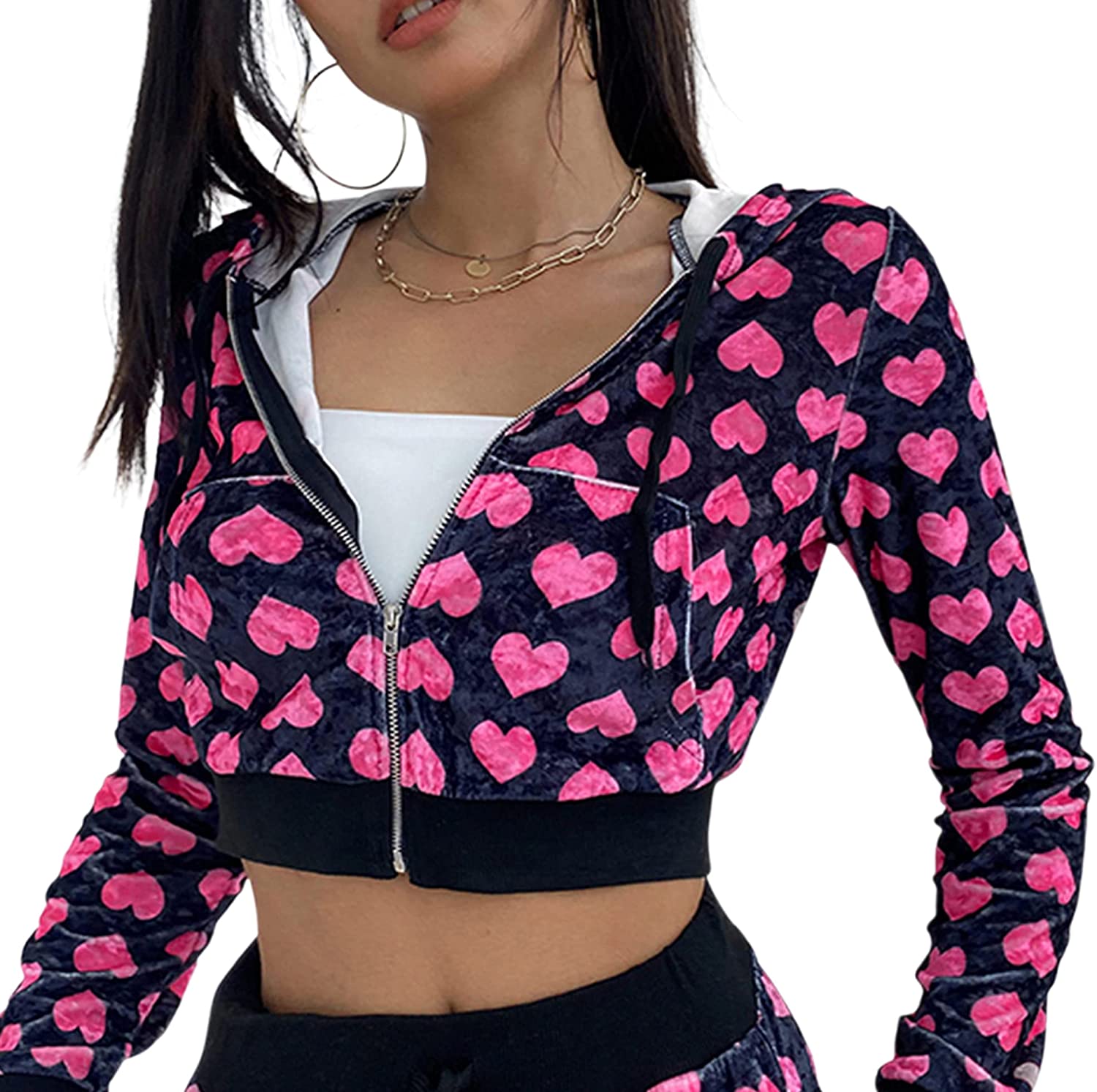 MISSACTIVER Women’s Y2K Heart Print Full Zip Velour Hoodie Crop Sweatshirt Cute Long Sleeve Jogging Jacket 