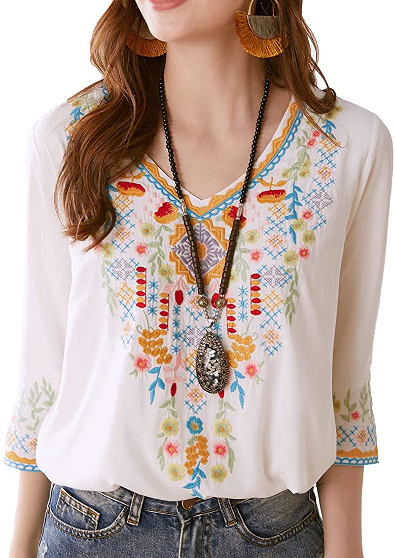 Higustar Women Embroidery Boho Shirt 3/4 Sleeve Mexican Bohemian Tops Tunic  Blou
