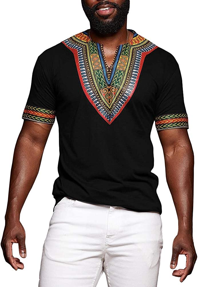 Makkrom Mens African Tribal Dashiki Floral Short Sleeve Graphic T Shirt Blouse Tops 