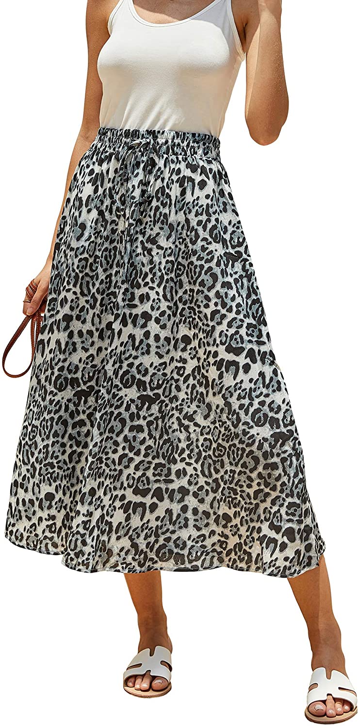 Imysty Womens Leopard Print Long Skirts Drawstring High Waisted Bohemian Maxi Skirt