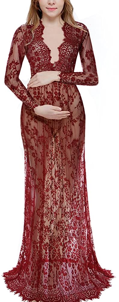 Saslax Women's Off Shoulder Ruffle Sleeve Lace Maternity Gown Maxi Photography Dress 